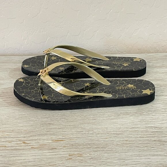 Michael Kors Sandals MK Flip Flops 6 Thong Gloss Black Metallic Gold Stars - Picture 5 of 12